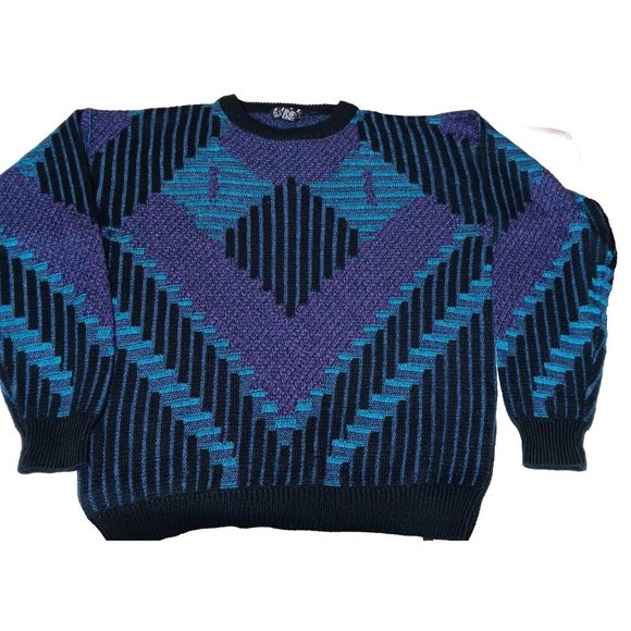 Vintage 90s Nuovo New Forces Large Sweater 3D Look Blue Black Purple Geometric - Picture 3 of 13